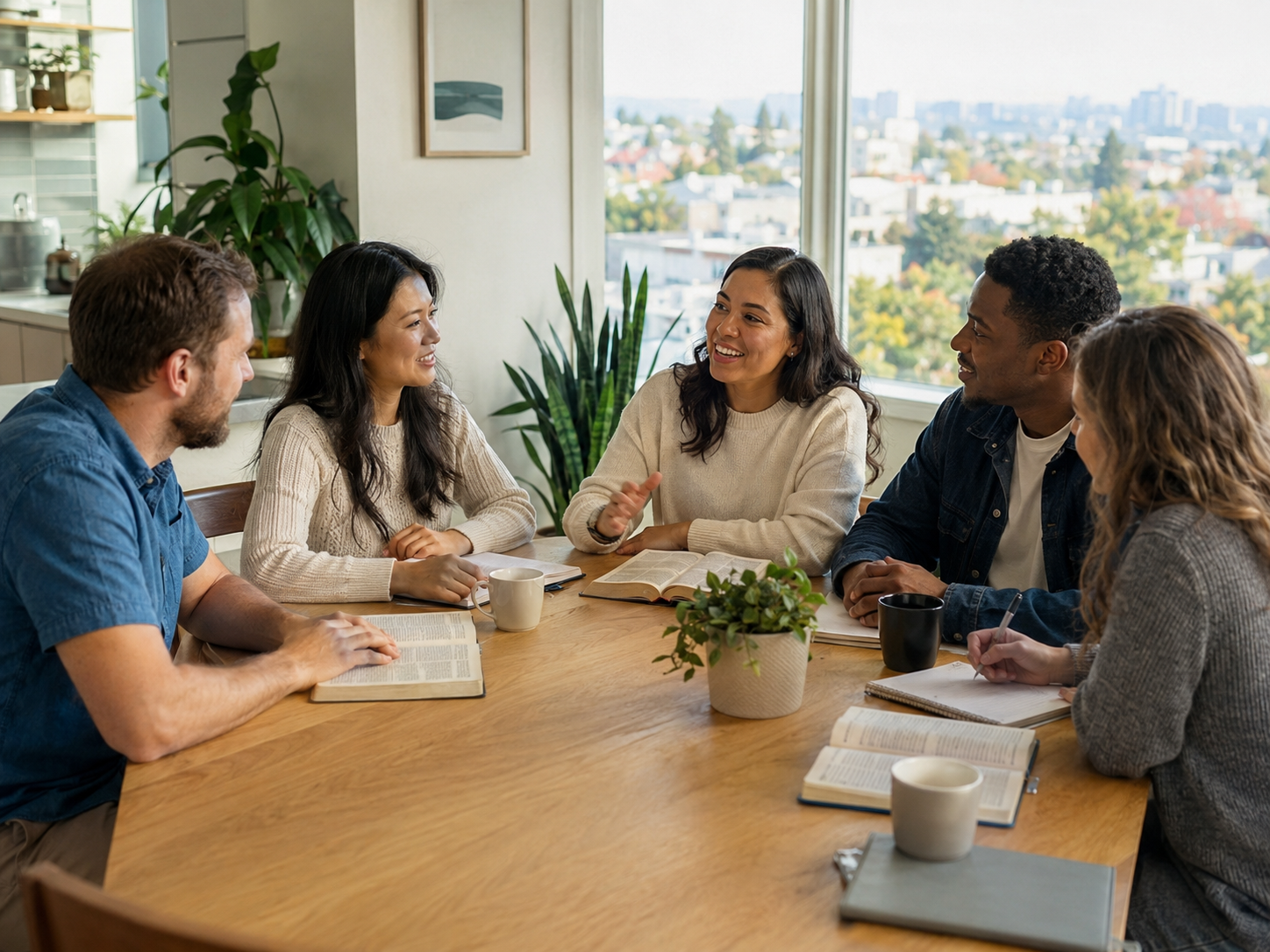 People gathering in a home for conversation and Bible study